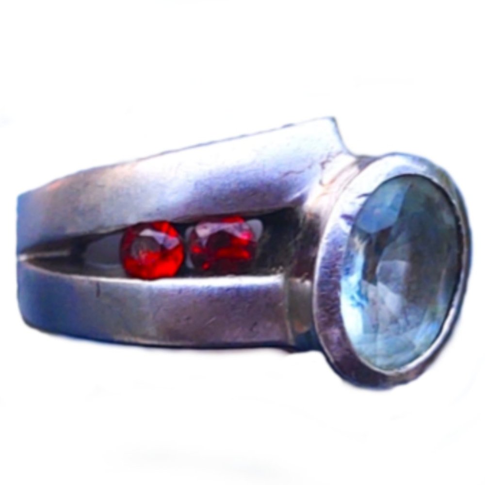 Vintage Blue Topaz & Garnet Sterling Silver Mid-Century Modern Ring-6